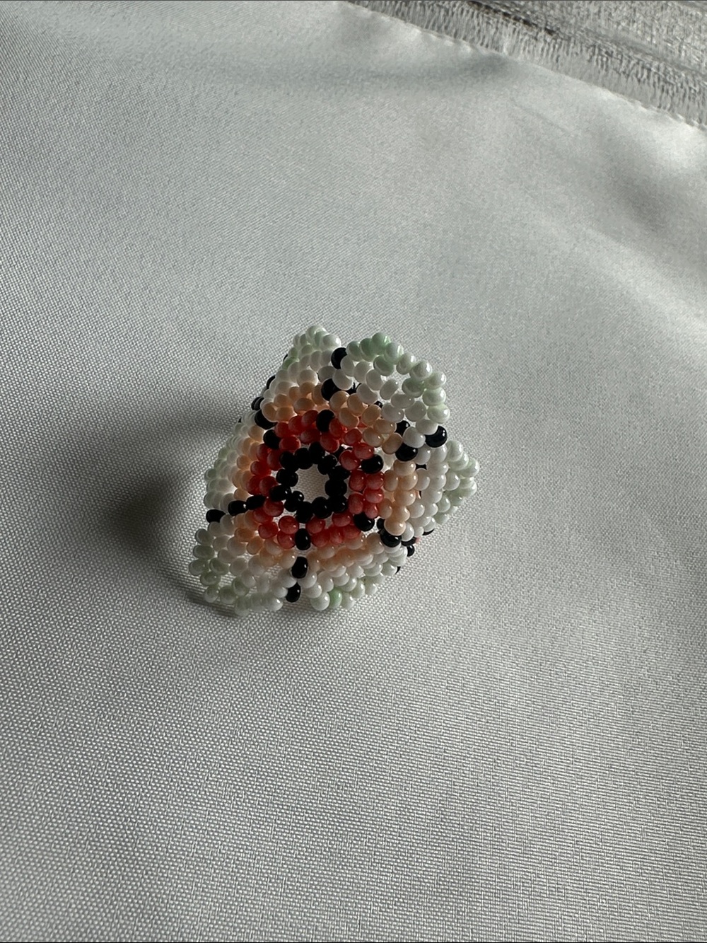 Handmade Seed Bead Floral Ring in Pastel Green and Coral - made in Mexico